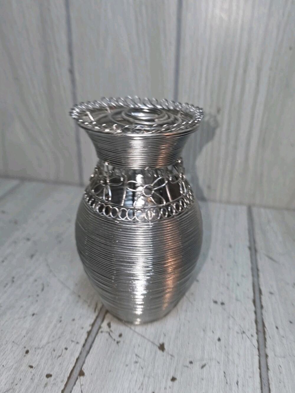 Vintage Wicker Work Woven Aluminum Wire Vase Floral Detail Unique Beautiful